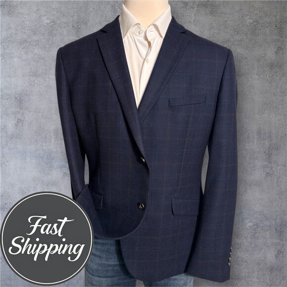 TALLIA Mens Blazer Sport Coat Two Button Jacket 44R Wool Blue/Navy Windowpane - Picture 1 of 13